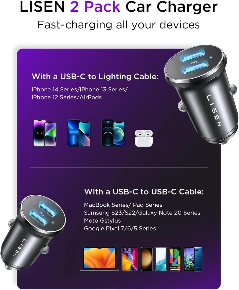 Lisen Dual USB C Car Charger 2-Pack