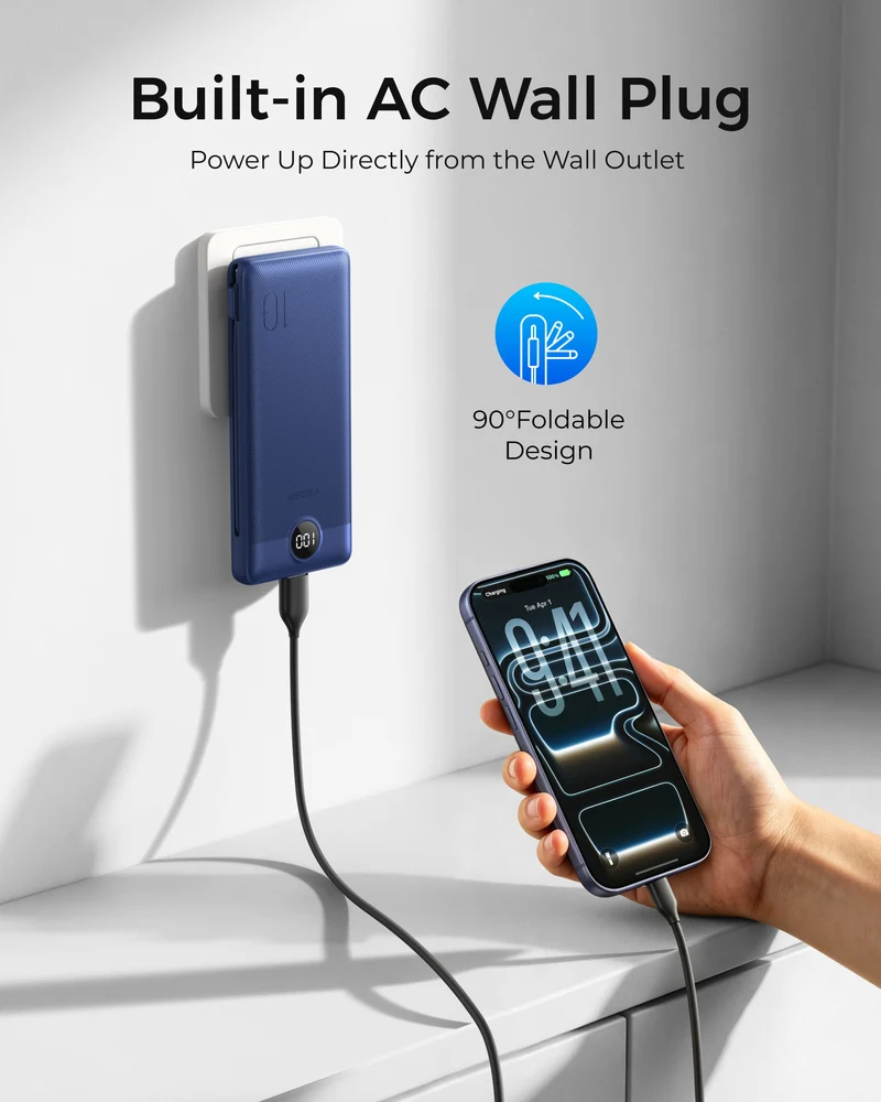 10000mAh Portable Charger Power Bank with Built-in AC Plug and Cables