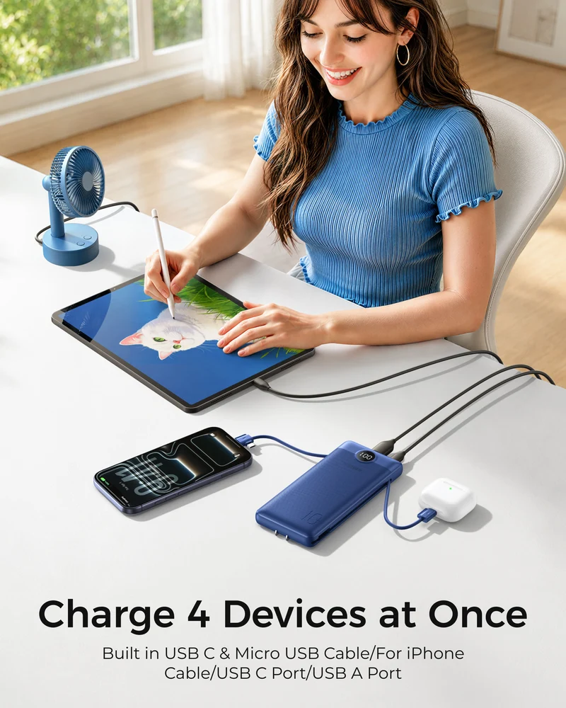 10000mAh Portable Charger Power Bank with Built-in AC Plug and Cables