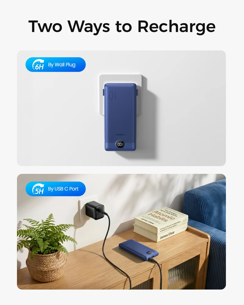 10000mAh Portable Charger Power Bank with Built-in AC Plug and Cables