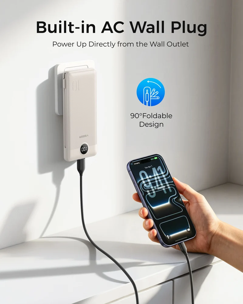 10000mAh Portable Charger Power Bank with Built-in AC Plug and Cables