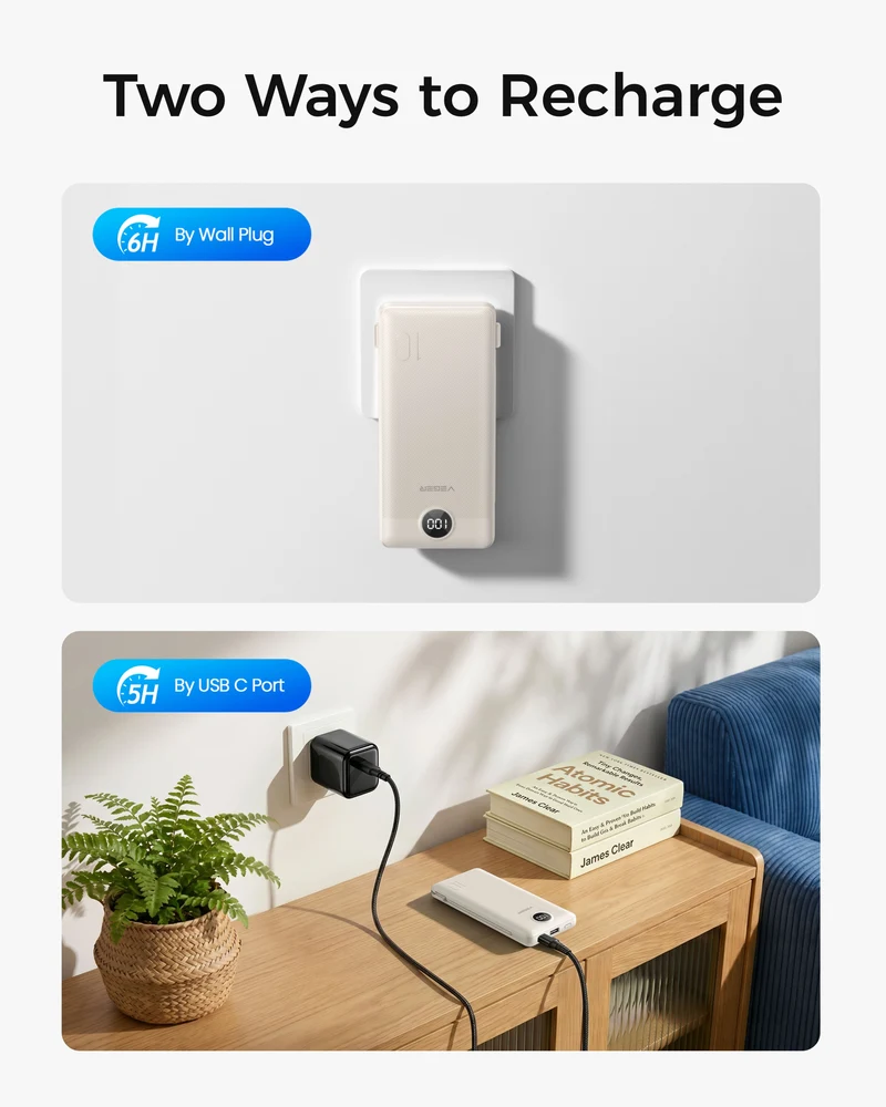10000mAh Portable Charger Power Bank with Built-in AC Plug and Cables