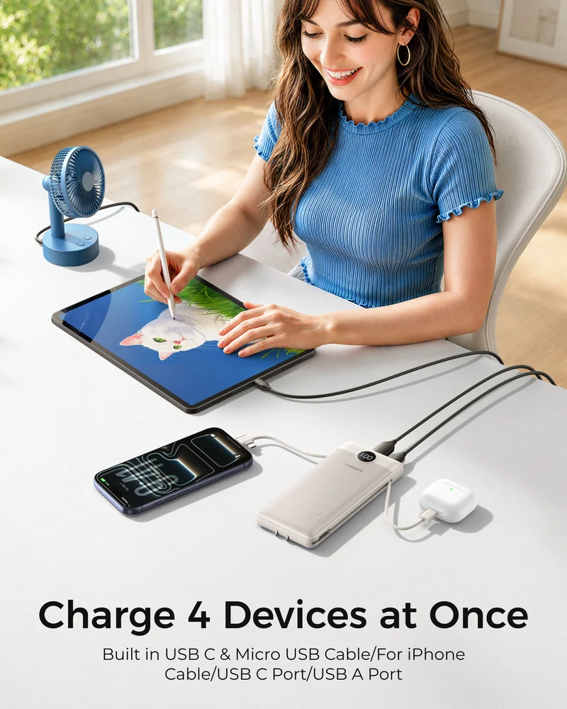 10000mAh Portable Charger Power Bank with Built-in AC Plug and Cables