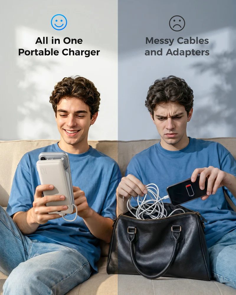 10000mAh Portable Charger Power Bank with Built-in AC Plug and Cables