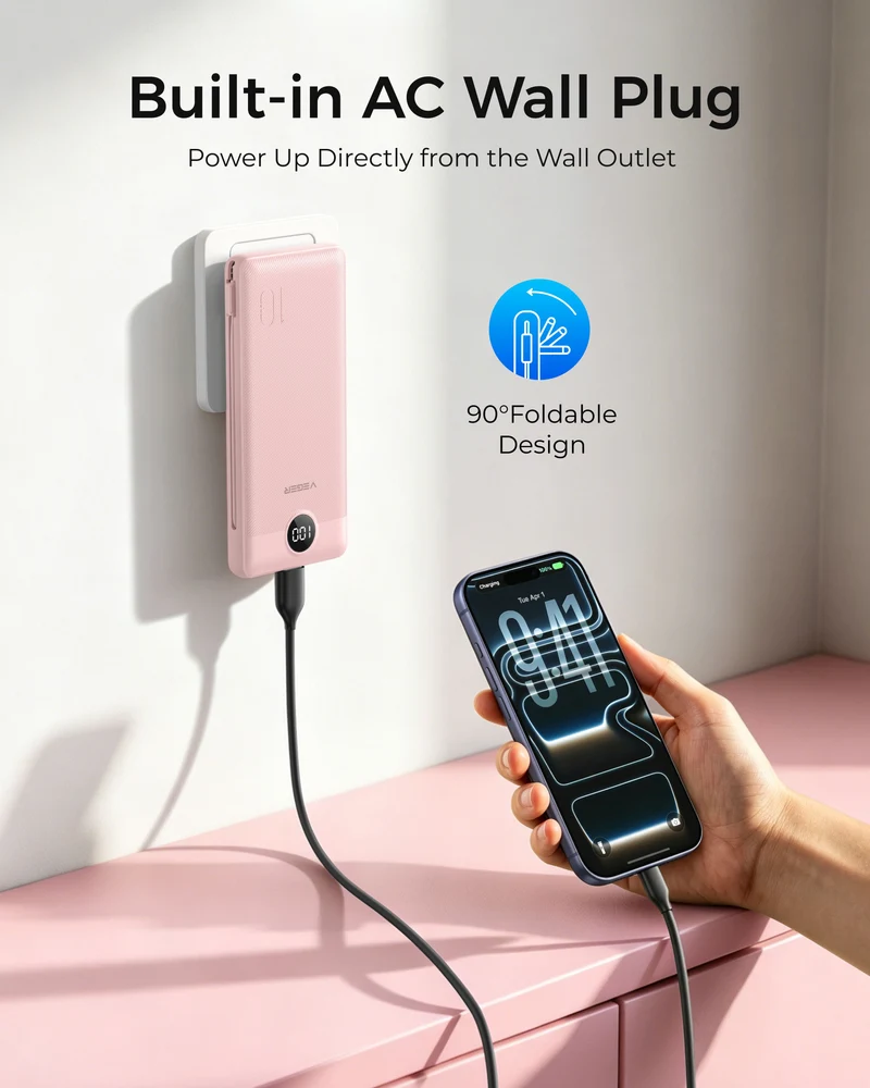 10000mAh Portable Charger Power Bank with Built-in AC Plug and Cables