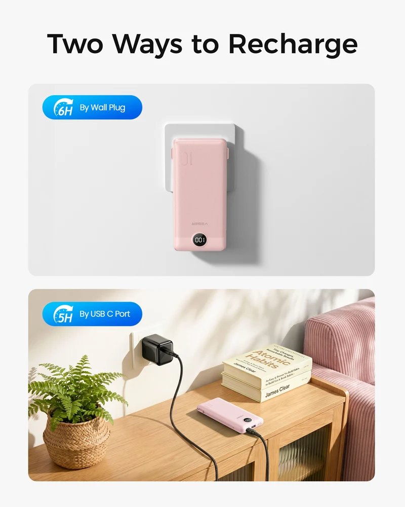 10000mAh Portable Charger Power Bank with Built-in AC Plug and Cables