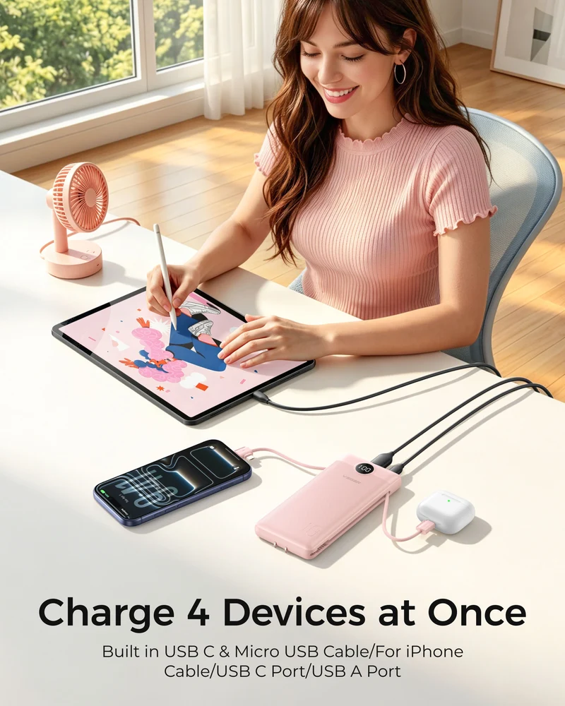10000mAh Portable Charger Power Bank with Built-in AC Plug and Cables