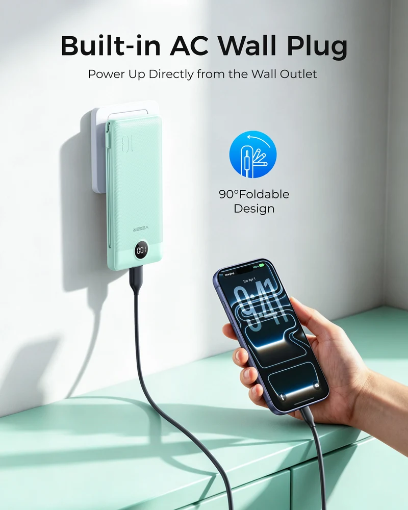 10000mAh Portable Charger Power Bank with Built-in AC Plug and Cables