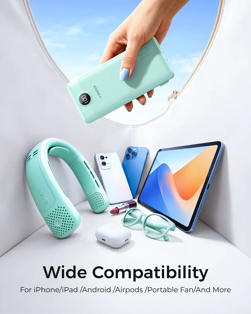 10000mAh Portable Charger Power Bank with Built-in AC Plug and Cables