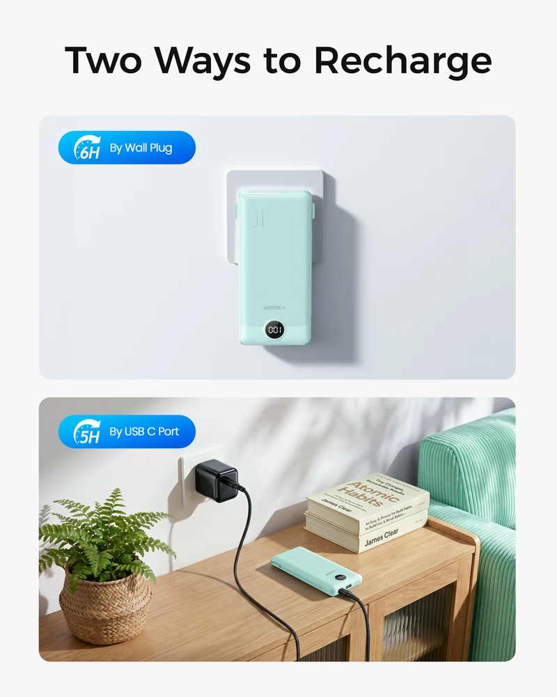 10000mAh Portable Charger Power Bank with Built-in AC Plug and Cables