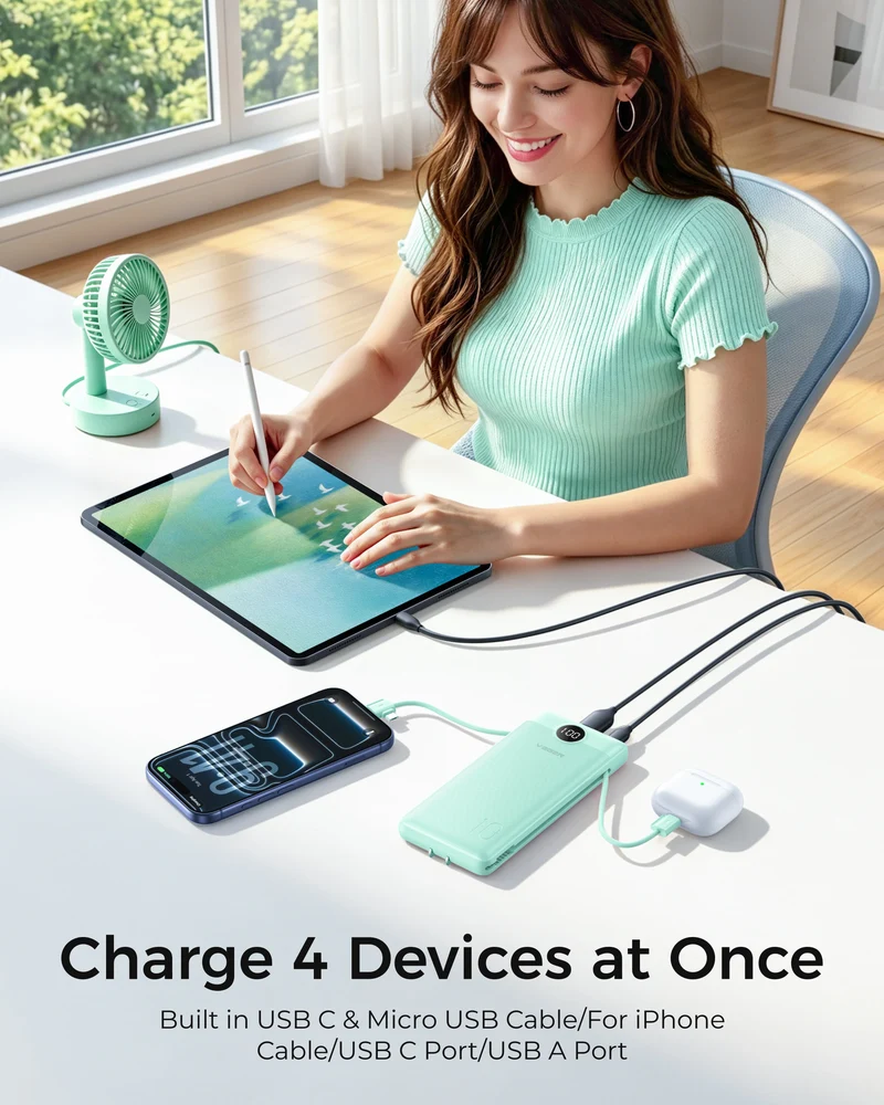 10000mAh Portable Charger Power Bank with Built-in AC Plug and Cables