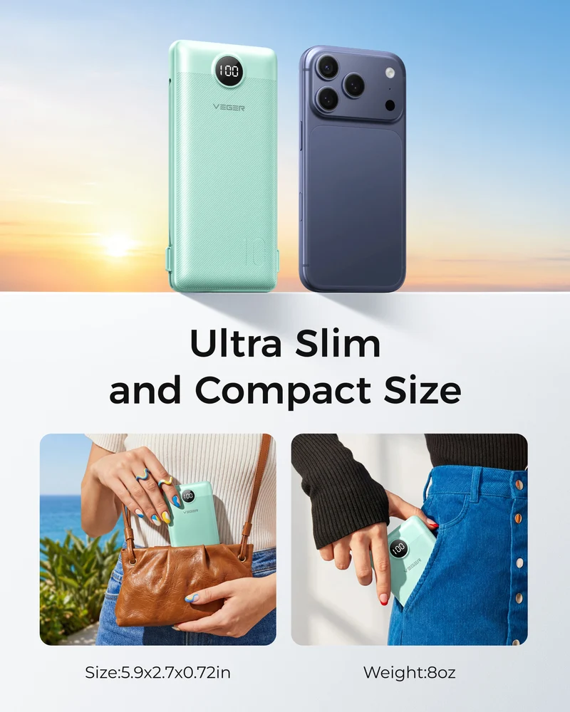 10000mAh Portable Charger Power Bank with Built-in AC Plug and Cables