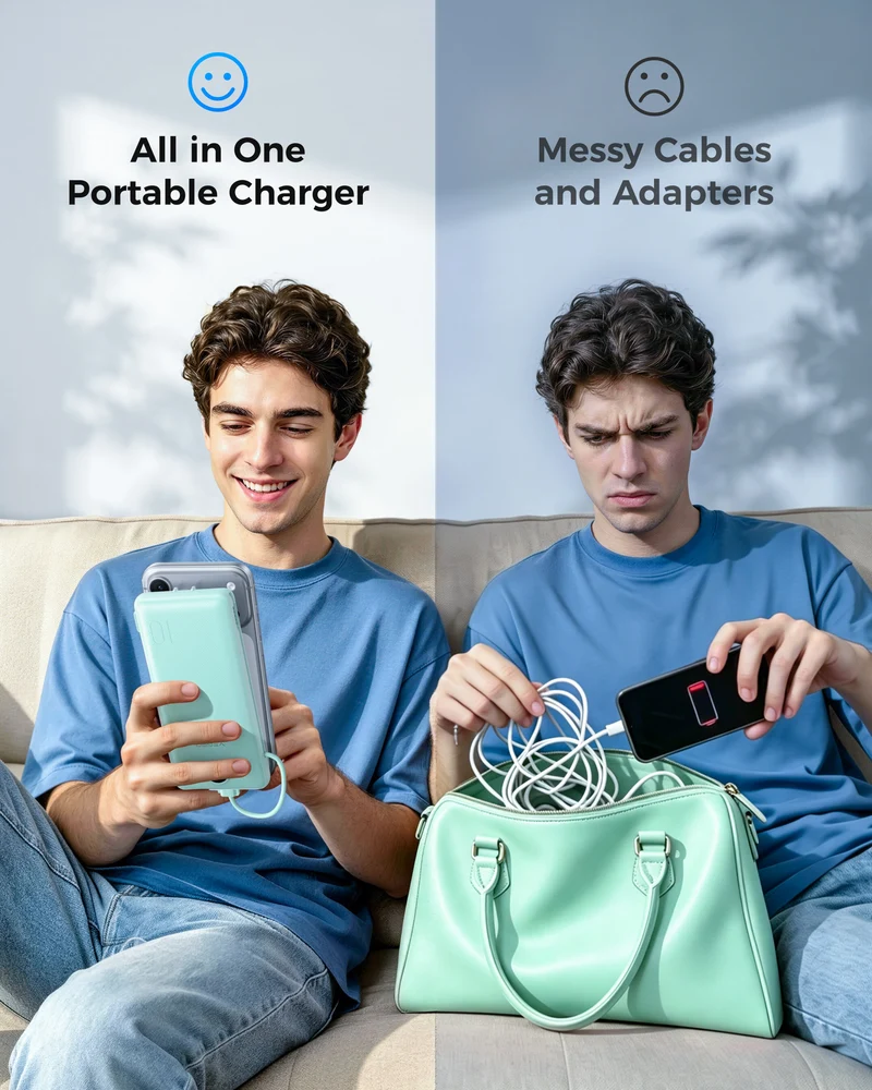 10000mAh Portable Charger Power Bank with Built-in AC Plug and Cables