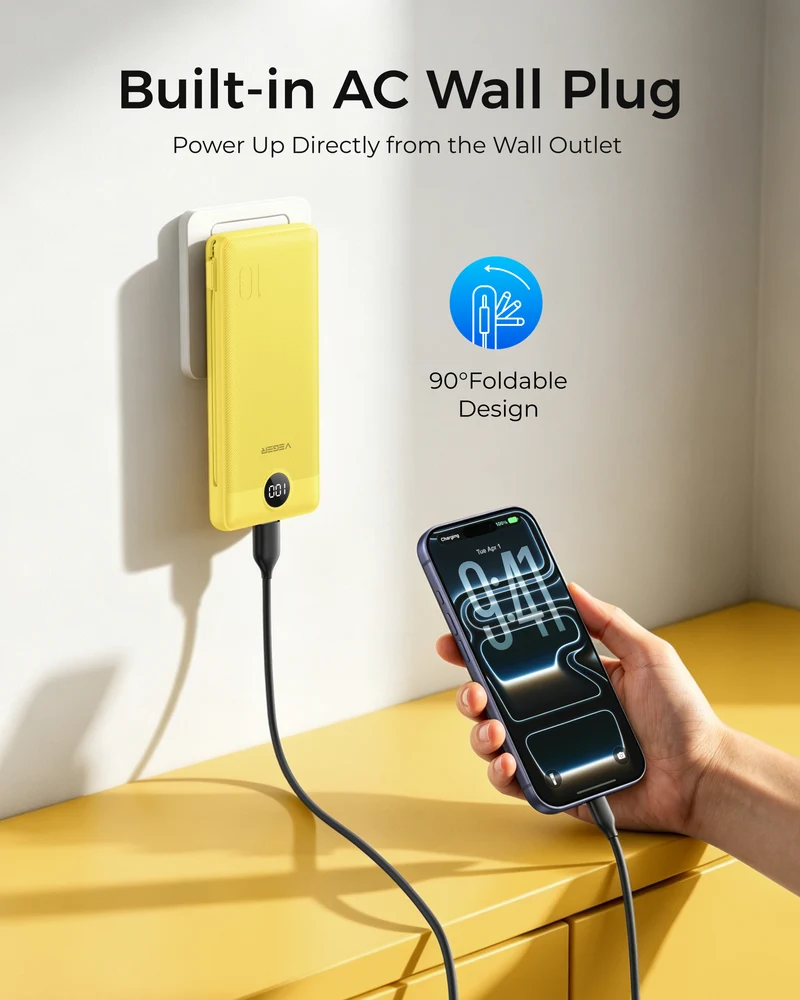 10000mAh Portable Charger Power Bank with Built-in AC Plug and Cables