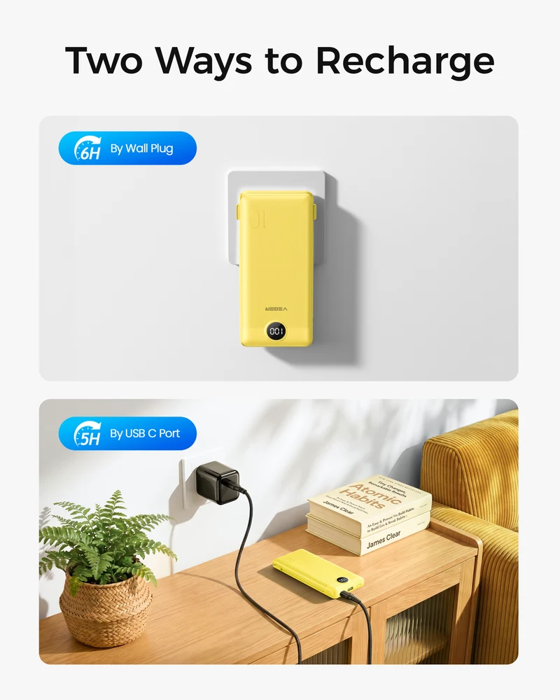 10000mAh Portable Charger Power Bank with Built-in AC Plug and Cables
