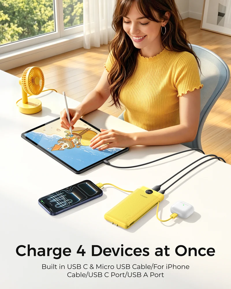 10000mAh Portable Charger Power Bank with Built-in AC Plug and Cables