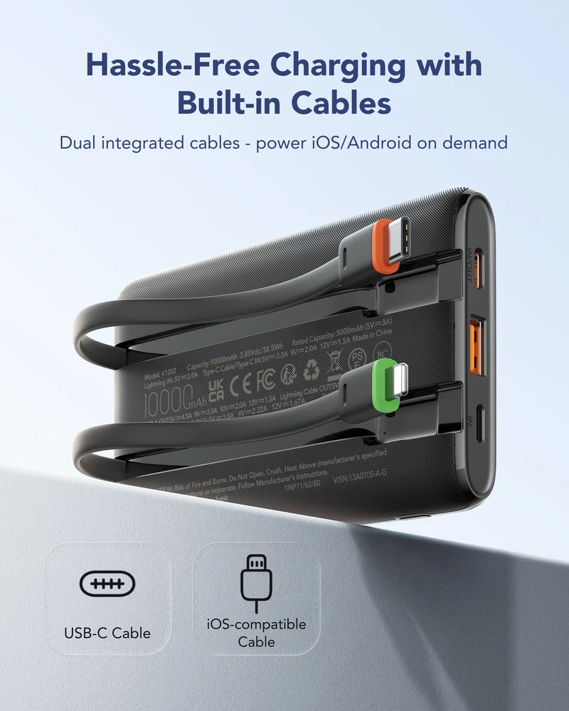 10000mAh Portable Charger with Built-in Cables (22.5W PD Fast Charging, 4 Outputs 3 Inputs)