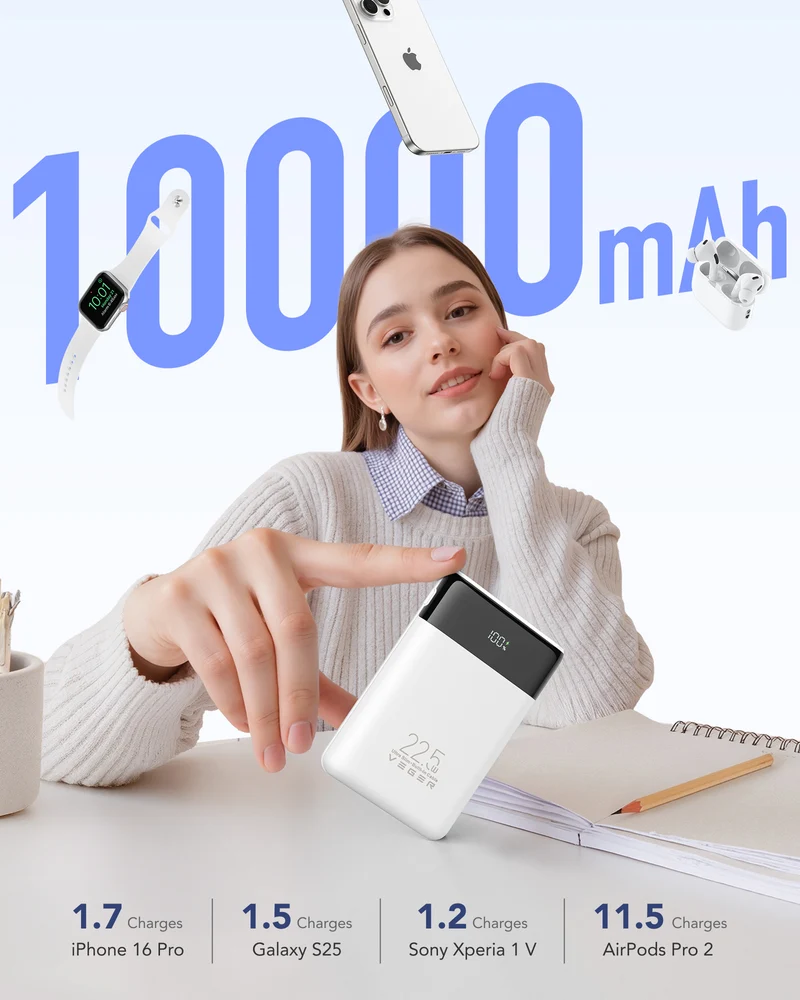 10000mAh Portable Charger with Built-in Cables (22.5W PD Fast Charging, 4 Outputs 3 Inputs)