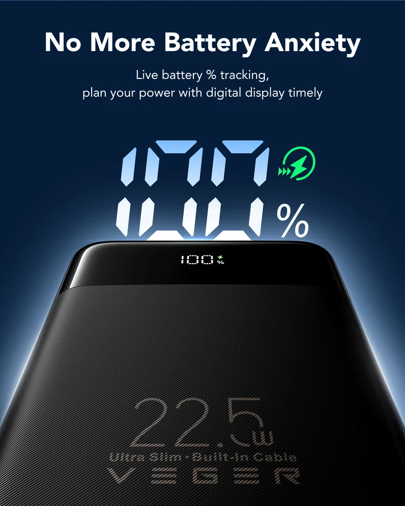 10000mAh Portable Charger with Built-in Cables (22.5W PD Fast Charging, 4 Outputs 3 Inputs)