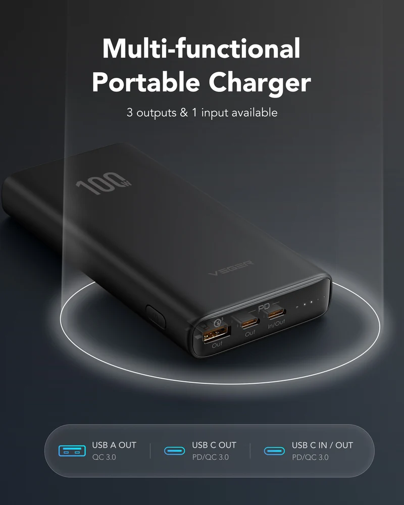 T100 20000mAh 100W Portable Power Bank for Laptop