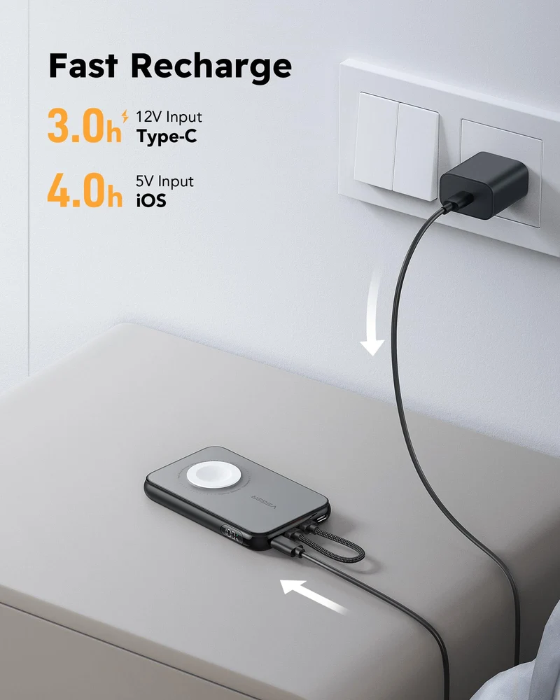 10000mAh Portable Charger with Built in Cable (Removable)