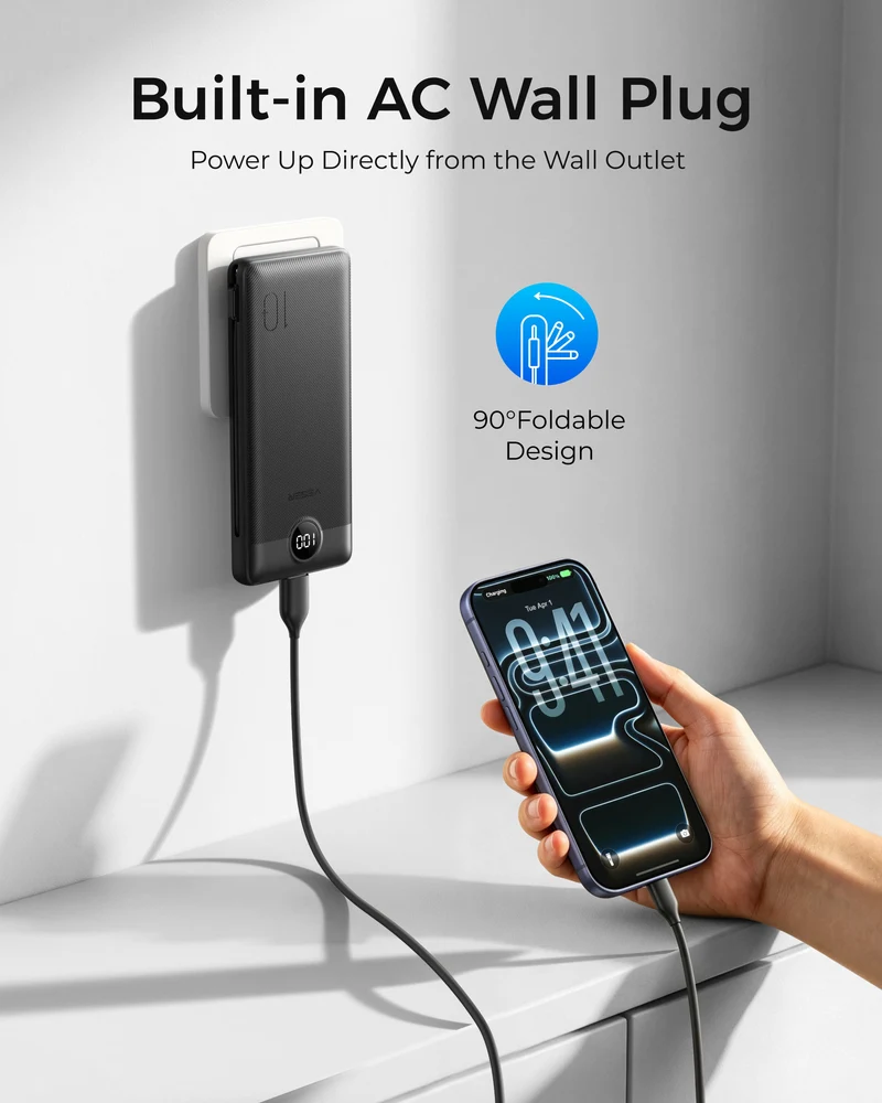 10000mAh Ultra Slim Power Bank with Built-in AC Plug & Cables