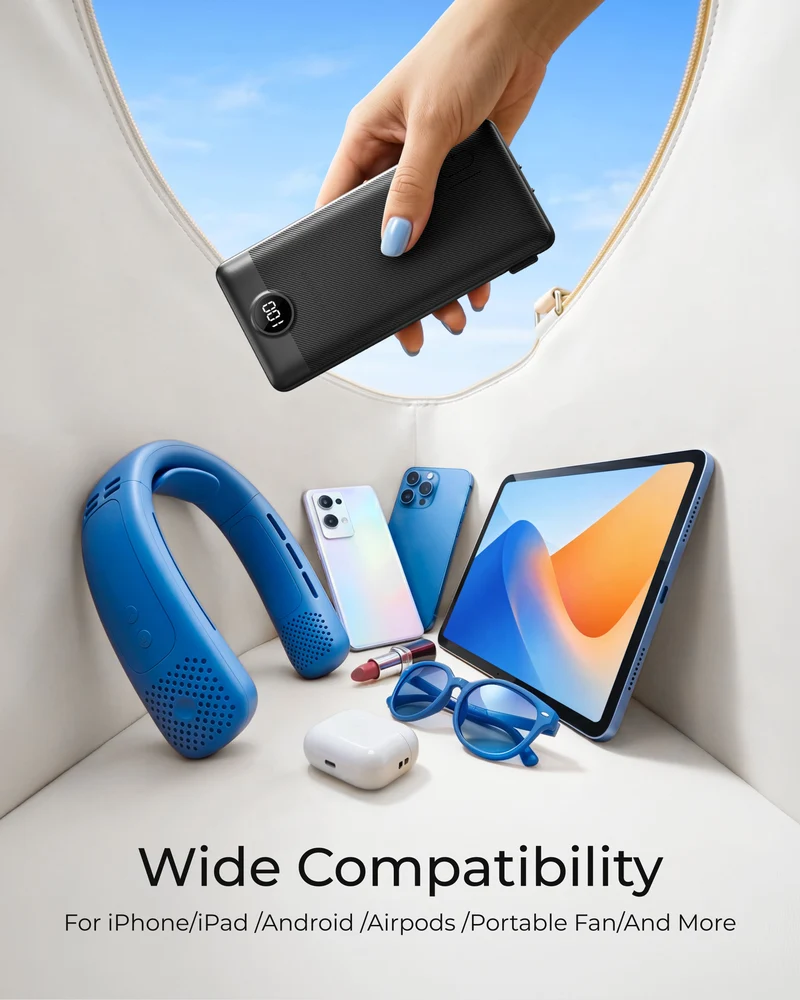 10000mAh Ultra Slim Power Bank with Built-in AC Plug & Cables