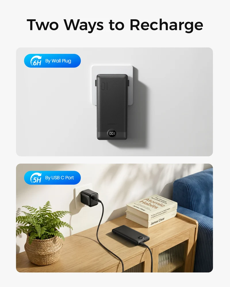10000mAh Ultra Slim Power Bank with Built-in AC Plug & Cables