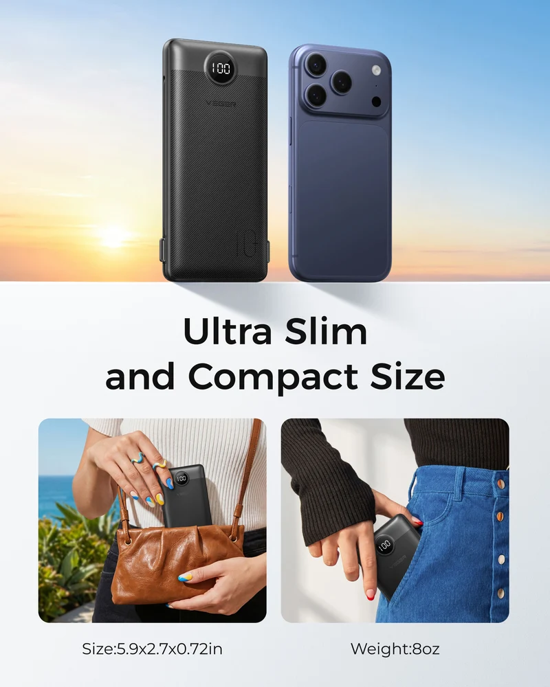 10000mAh Ultra Slim Power Bank with Built-in AC Plug & Cables