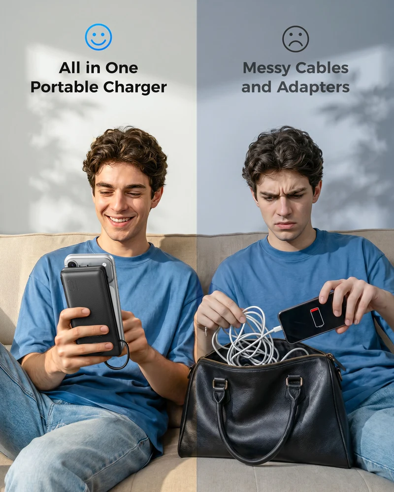 10000mAh Ultra Slim Power Bank with Built-in AC Plug & Cables