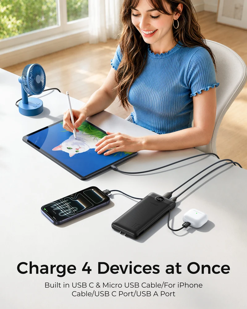 10000mAh Ultra Slim Power Bank with Built-in AC Plug & Cables
