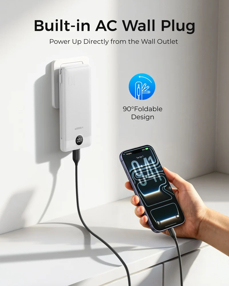 10000mAh Ultra Slim Power Bank with Built-in AC Plug & Cables
