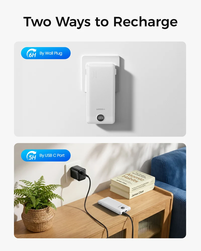 10000mAh Ultra Slim Power Bank with Built-in AC Plug & Cables