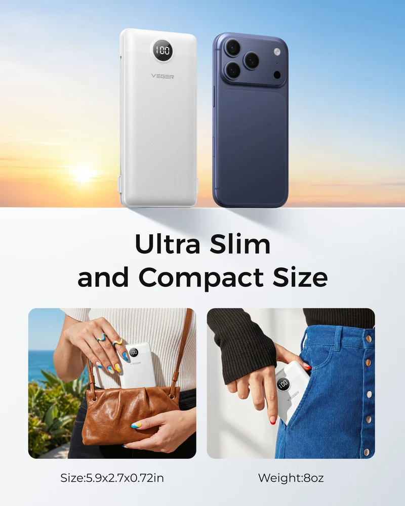 10000mAh Ultra Slim Power Bank with Built-in AC Plug & Cables