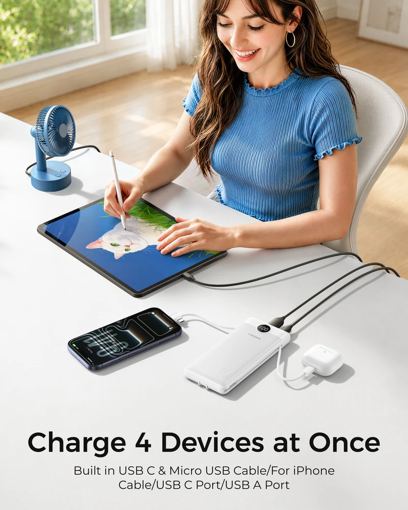 10000mAh Ultra Slim Power Bank with Built-in AC Plug & Cables