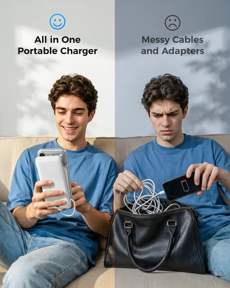 10000mAh Ultra Slim Power Bank with Built-in AC Plug & Cables