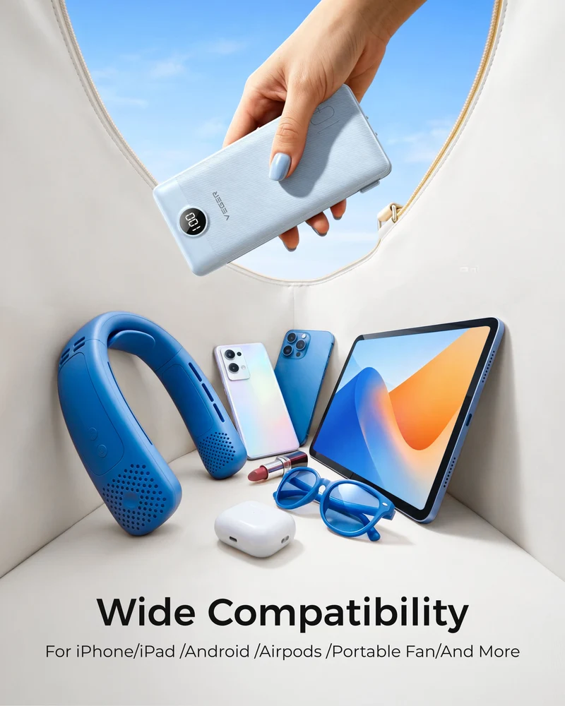 10000mAh Ultra Slim Power Bank with Built-in AC Plug & Cables