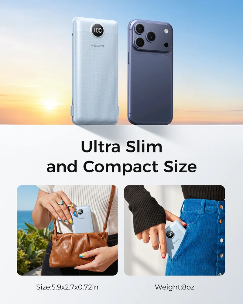 10000mAh Ultra Slim Power Bank with Built-in AC Plug & Cables