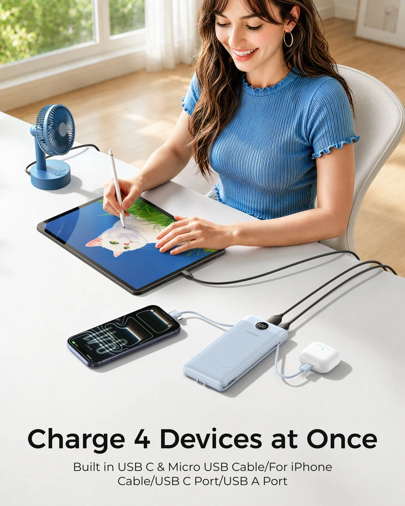 10000mAh Ultra Slim Power Bank with Built-in AC Plug & Cables