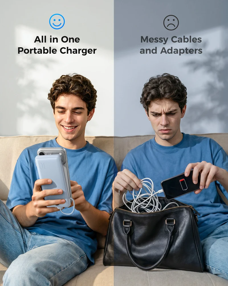 10000mAh Ultra Slim Power Bank with Built-in AC Plug & Cables