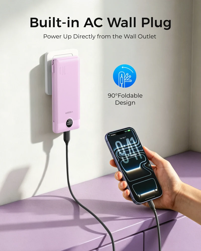 10000mAh Ultra Slim Power Bank with Built-in AC Plug & Cables
