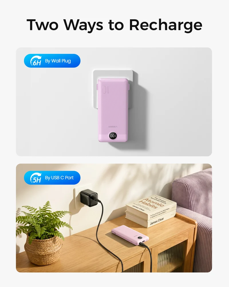10000mAh Ultra Slim Power Bank with Built-in AC Plug & Cables