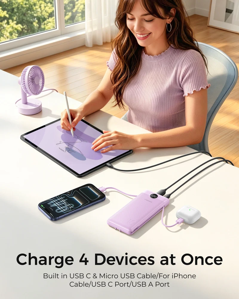 10000mAh Ultra Slim Power Bank with Built-in AC Plug & Cables