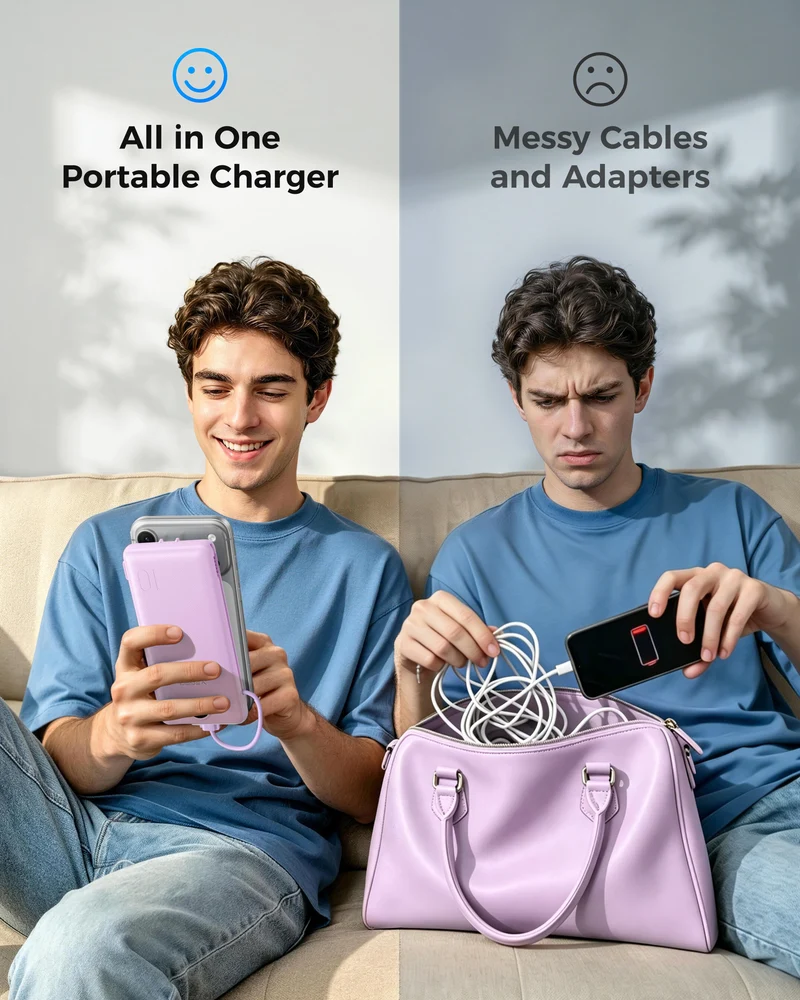 10000mAh Ultra Slim Power Bank with Built-in AC Plug & Cables