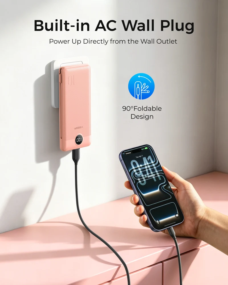 10000mAh Ultra Slim Power Bank with Built-in AC Plug & Cables