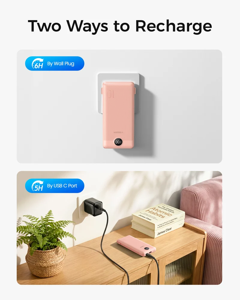 10000mAh Ultra Slim Power Bank with Built-in AC Plug & Cables