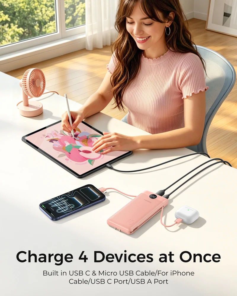 10000mAh Ultra Slim Power Bank with Built-in AC Plug & Cables