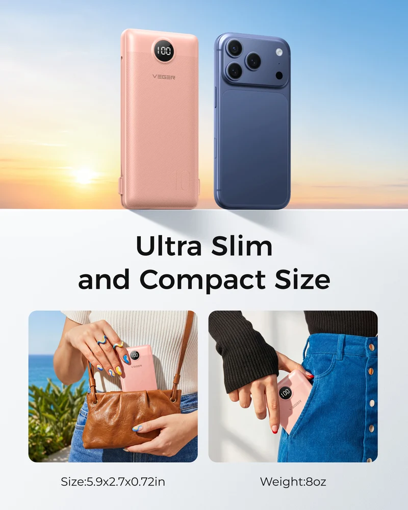 10000mAh Ultra Slim Power Bank with Built-in AC Plug & Cables