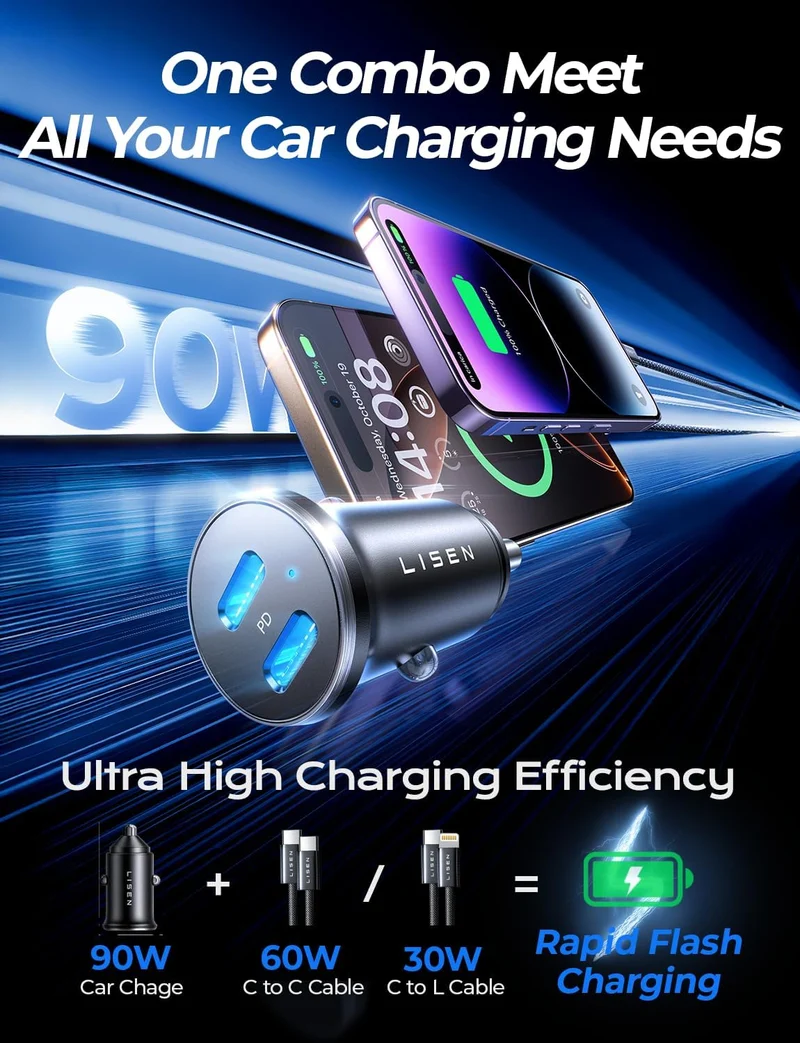 LISEN 90W USB C Car Charger Fast Charging