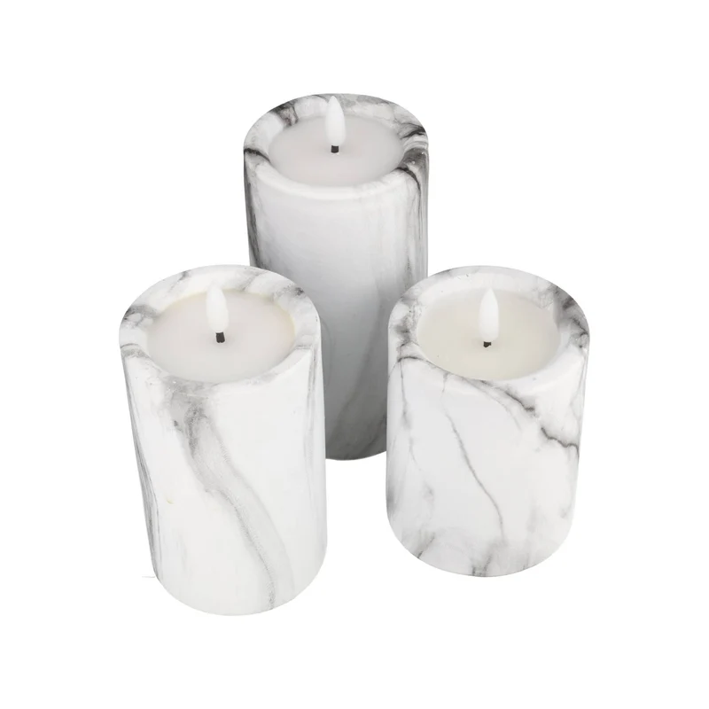 Star Trading 3er-Set LED-Kerzen mit Marmorstruktur und warmweißer Flacker-LED, Timer-Funktion, batteriebetrieben